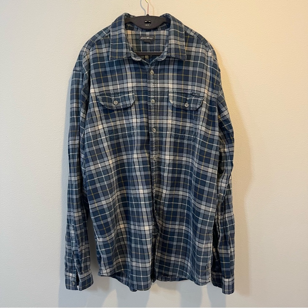 Eddie Bauer Long Sleeve Button down Plaid Shirt Blue and White Size XL Tall